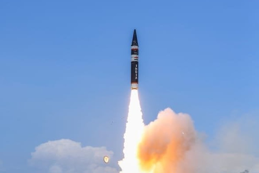 India’s Agni-P medium range ballistic missile is test fired from an island in the Bay of Bengal on Monday. Photo: Handout
