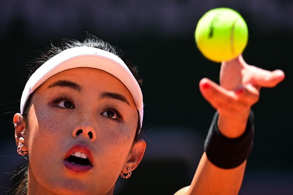 China’s Wang Qiang serves during her first round match at the 2021 French Open. Photo: AFP