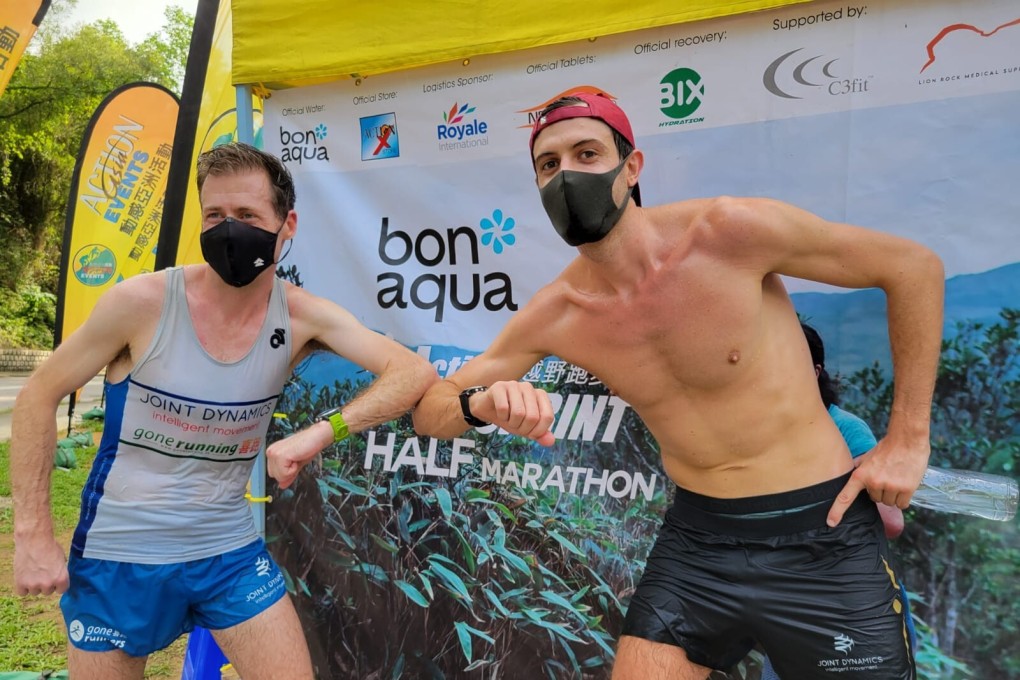 Jeff Campbell (left) and Paul Fournier after finishing first and second in the Bonaqua Action Sprint Half Marathon on July 3, 2021. Photo: Action Asia