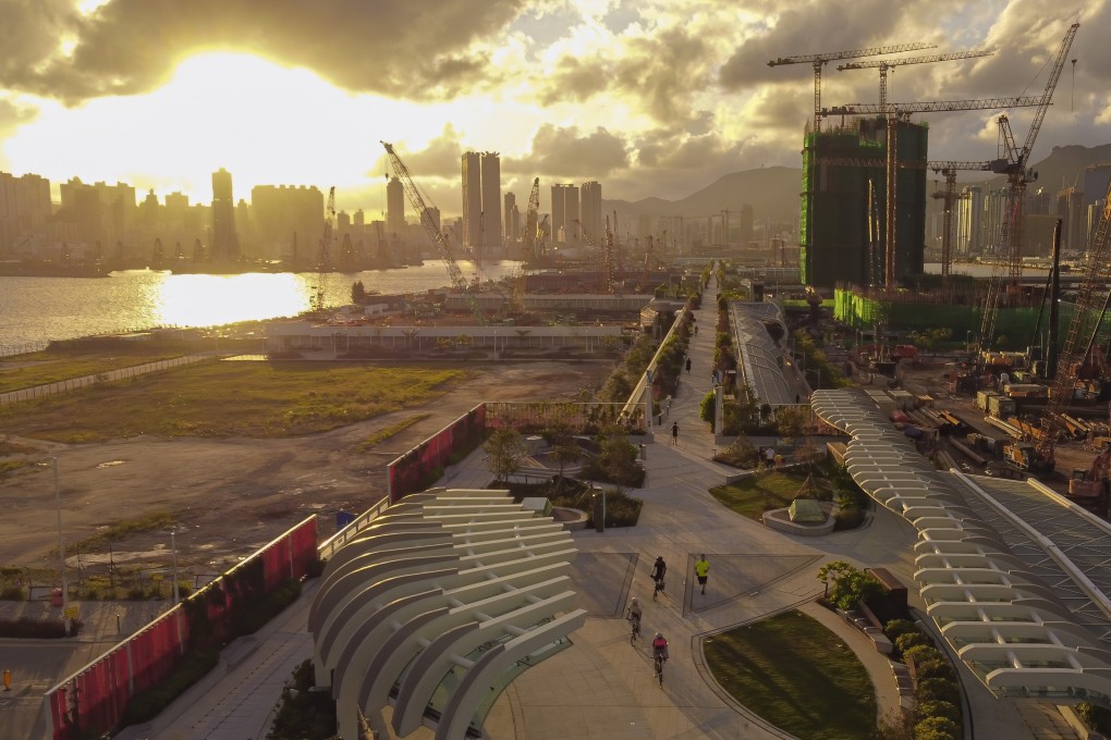 View of the Kai Tak Sky Garden (centre), a 1.4-kilometre public space that runs the length of the former airport runway, jutting into Victoria Harbour, as of May 22, 2021. One Victoria is under construction on the right. Photo: Martin Chan