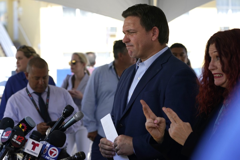 Florida Governor Ron DeSantis during a briefing near the Champlain Towers South block of flats in Surfside, Florida on Saturday. Photo: AP