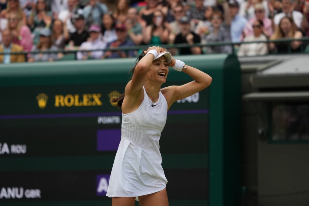 Britain's Emma Raducanu celebrates winning the women's singles third round match against Romania's Sorana Cirstea at the 2021 Wimbledon Tennis Championships. Photo: AP