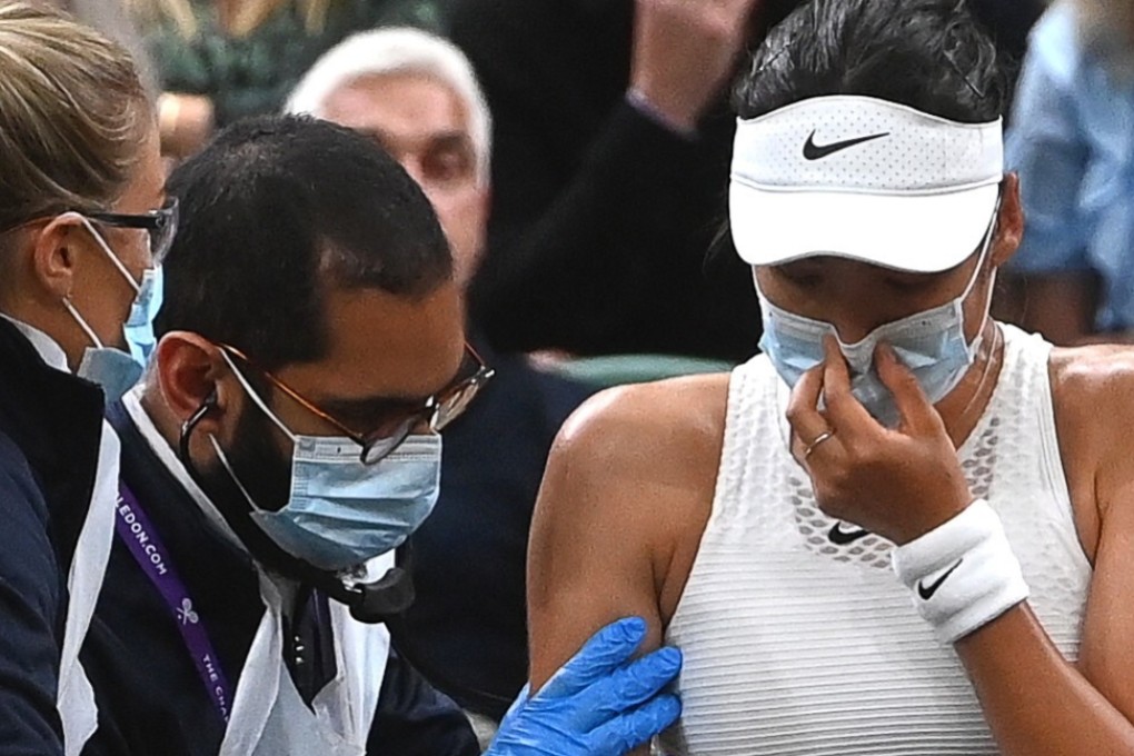Emma Raducanu receives medical treatment during her fourth-round loss to Ajla Tomljanovic at Wimbledon. Photo: EPA