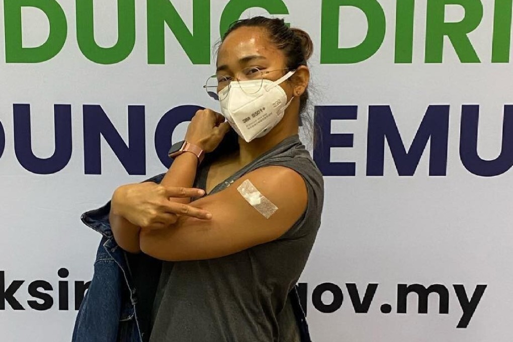 Hidilyn Diaz after receiving her second dose of the AstraZeneca vaccine in Bangi, Malaysia. Photo: Handout