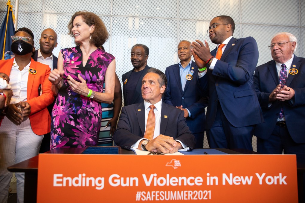 New York Governor Andrew Cuomo, centre, in New York on Tuesday. Photo: Reuters