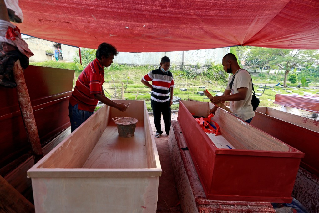 Coffins being prepared for Covid-19 victims at a workshop inside a funeral complex in Jakarta, Indonesia. Photo: Reuters