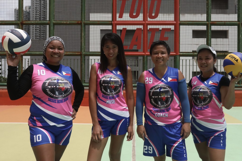 Foreign domestic workers Maan Salvador, Tatz Choresca, Jhic Dacio and Allen Joy Juan said volleyball provides a variety of benefits for them both on and off the court. Photo: Jonathan Wong