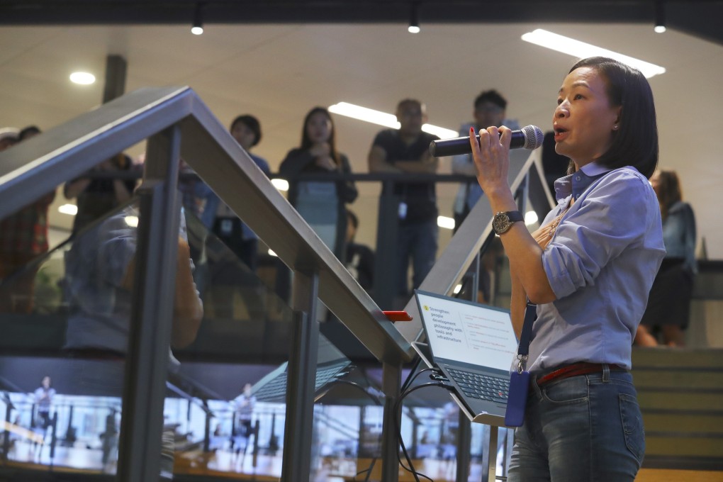 Elsie Cheung Hoi-sze, the Post’s chief operating officer, during a town hall at the newspaper’s offices. She leaves her post on July 30. Photo: Edmond So