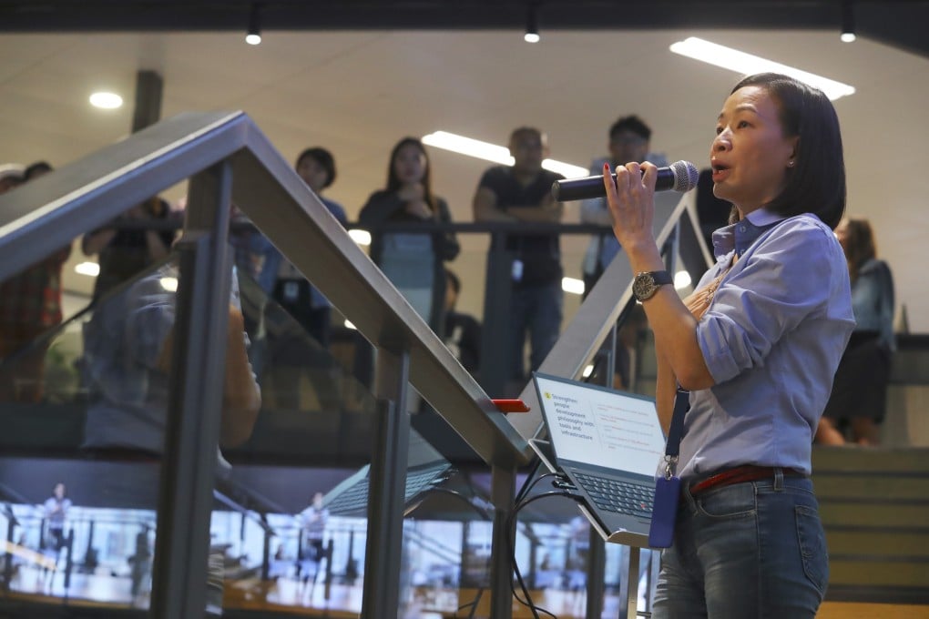 Elsie Cheung Hoi-sze, the Post’s chief operating officer, during a town hall at the newspaper’s offices. She leaves her post on July 30. Photo: Edmond So