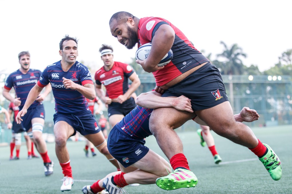 Former Hong Kong rugby player Tau Koloamatangi on the charge for Valley RFC in a Premiership match against Hong Kong Scottish in 2017. Photo: Phoebe Leung