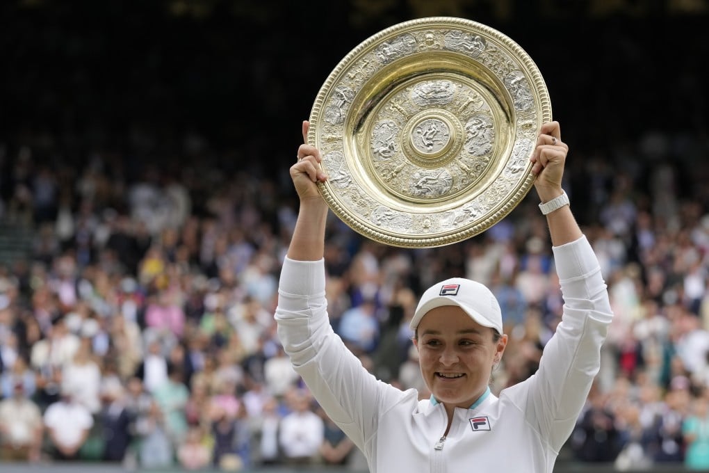 Australia’s Ashleigh Barty wins the women’s singles final match against Czech Republic’s Karolina Pliskova at the Wimbledon Tennis Championships in London on Saturday. Photo: AP