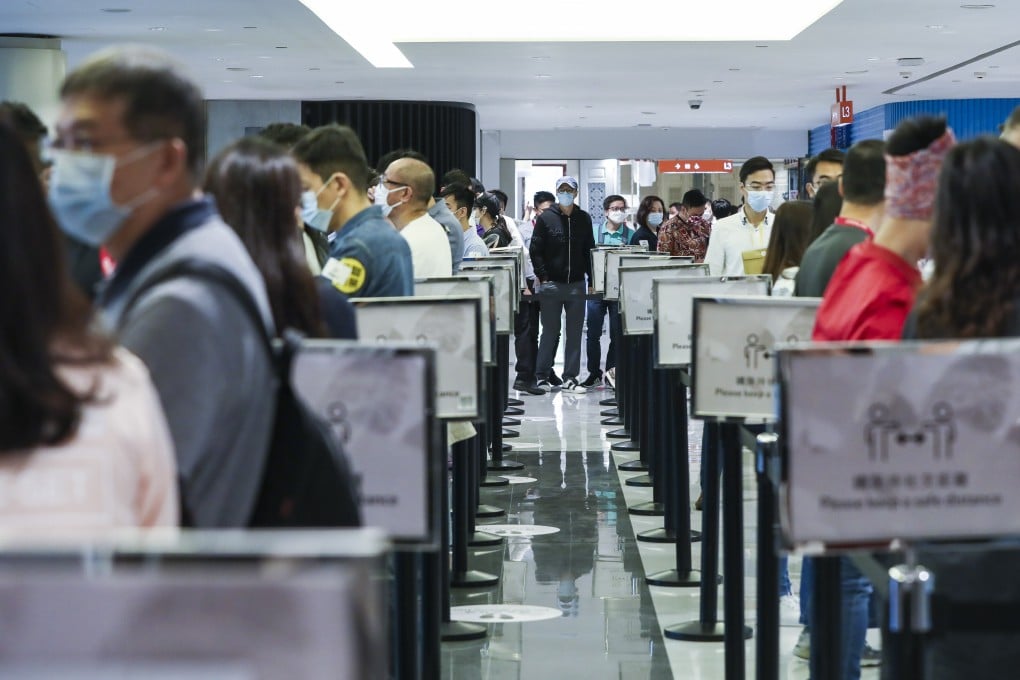 Home buyers queueing up to vie for The Pavilia Farm apartments in Tai Wai at New World Development’s sales office in Tsuen Wan on November 22, 2020. Photo: Jonathan Wong