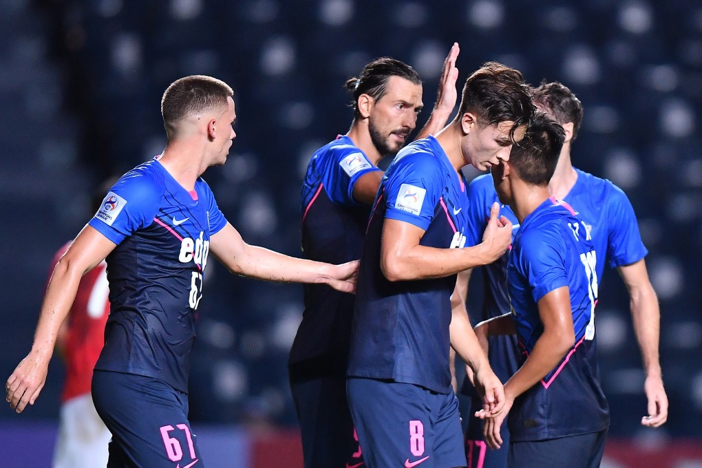 Kitchee players celebrate a goal in the 2021 AFC Champions League bubble in Thailand. The Hong Kong side missed out on the knockouts despite finishing second in group J. Photo: AFC