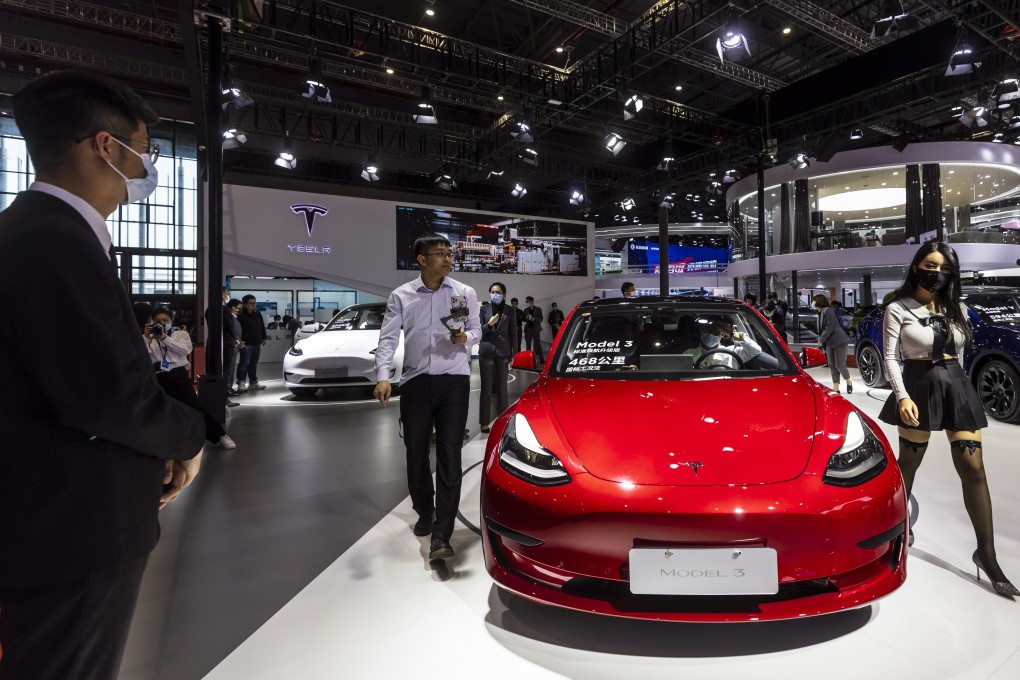 A Tesla Model 3 is displayed at Auto Shanghai 2021 in this file photo from April 19. The car is the first choice for motorists pursuing second-hand EVs. Photo: EPA-EFE