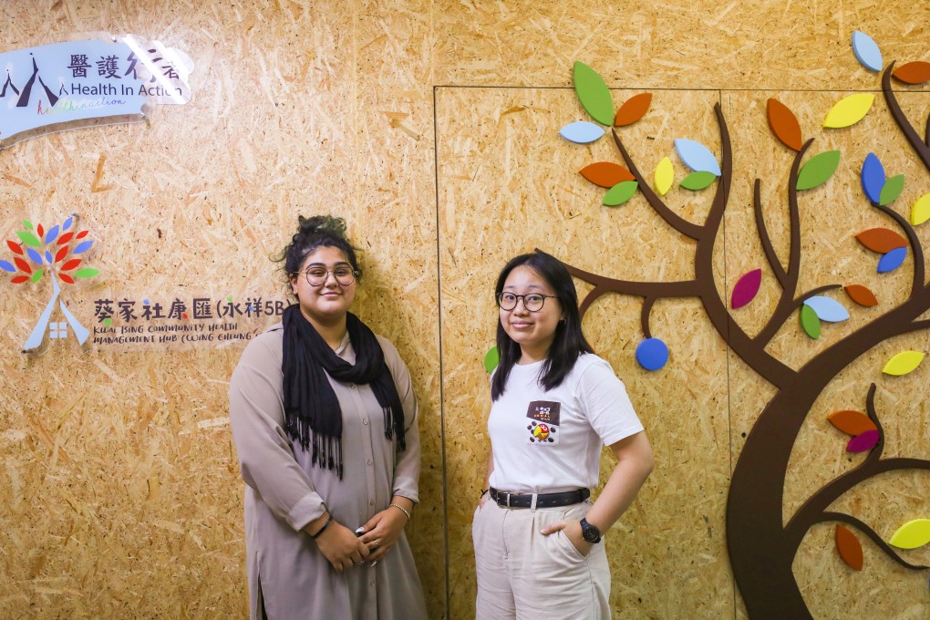 Trainees under NGO Health in Action Dhuaa Khan, 17, (left) and Wendy Dichoso Zhuang, 21. Photo: Xiaomei Chen