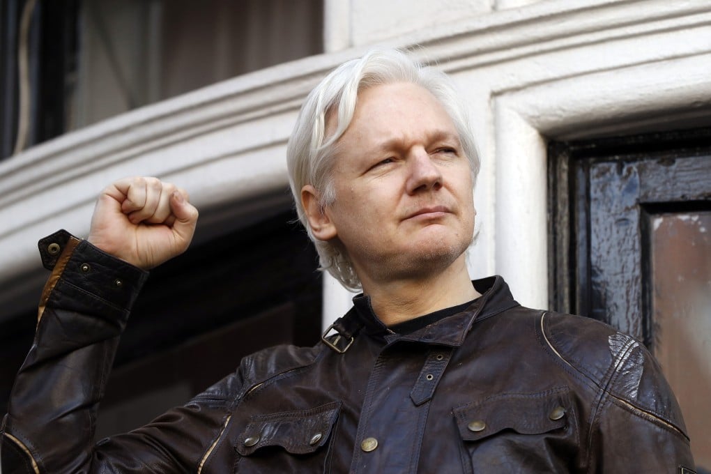 WikiLeaks founder Julian Assange outside the Ecuadorean embassy in London, where he lived in self imposed exile from 2012 to 2019. Photo: AP