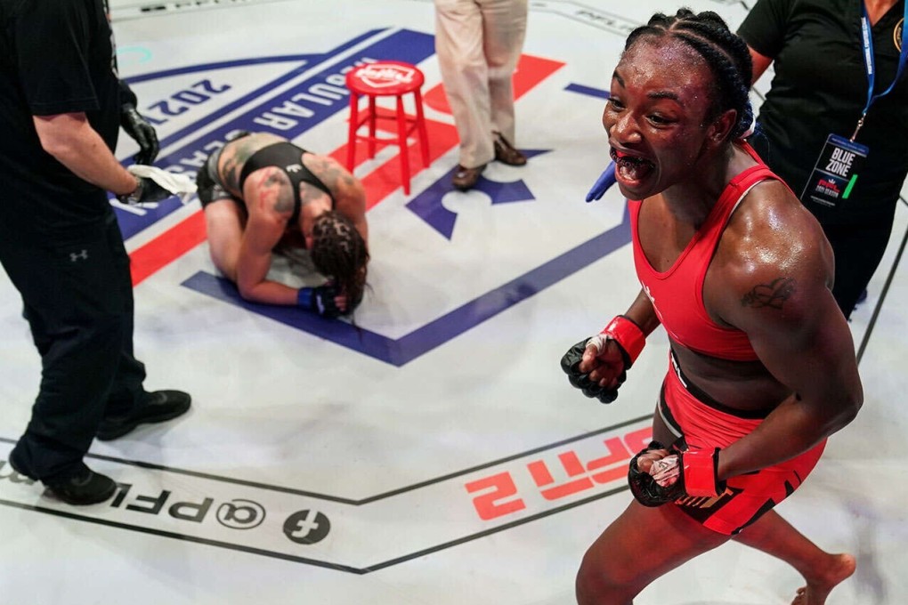 Claressa Shields celebrates her victory over Brittney Elkin at the PFL 4, 2021 event. Photos: PFL