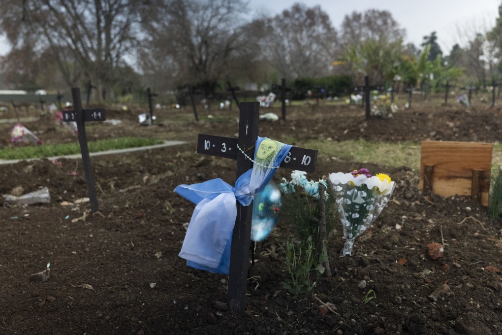 A national flag wrapped around a cross on a gravesite in the Covid-19 section of the Chacarita cemetery in Buenos Aires, Argentina. Photo: AP