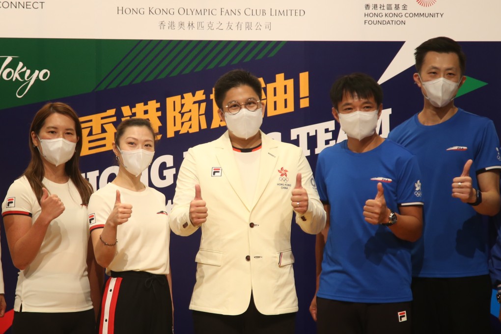 Past Olympians and Kenneth Fok show their support for Hong Kong athletes at the ‘Go Hong Kong Team’ launch ceremony. From left: Claudia Lau, Angel Wong, Wong Kam-po and Lam Hin-chung. Photo: Handout