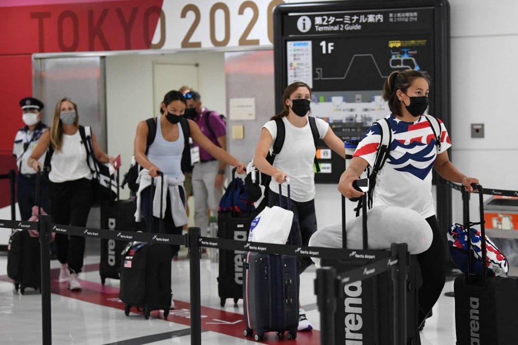 The US Olympic swimming team arrive for the Tokyo 2020 Olympic Games at Narita international airport. Photo: AFP