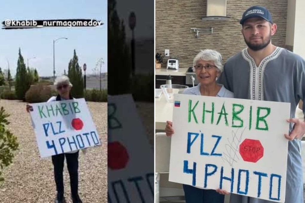 Nelly Gonzalez holds a sign in the blazing Las Vegas summer heat hoping to meet Khabib Nurmagomedov. UFC president Dana White helped grant her birthday wish. Photos: Instagram/@UFC