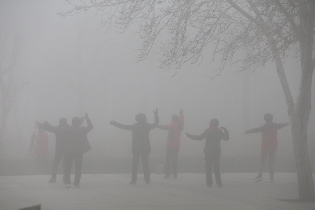 People exercise in the smog in Henan province, which has been cited for shortcomings on pollution. Photo: Reuters