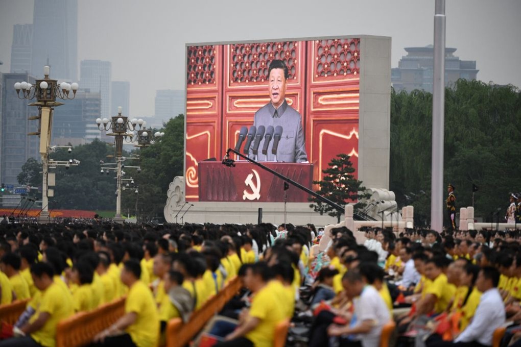Chinese President Xi Jinping pictured on a screen in Tiananmen Square as he delivers his speech to mark the party’s centenary. Photo: AFP/Getty Images