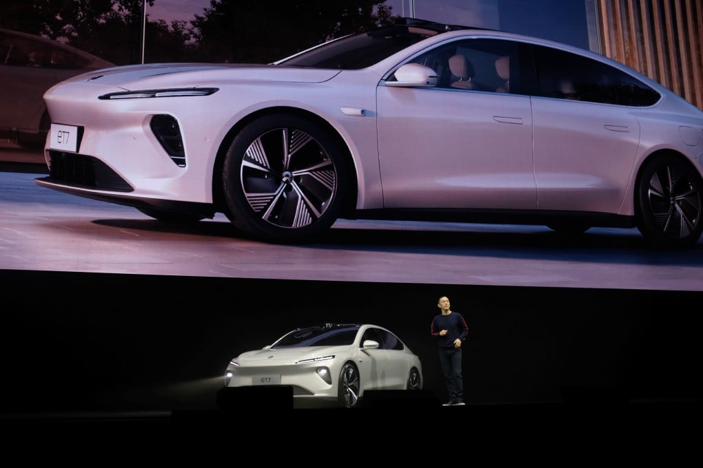 William Li, founder and CEO of Chinese EV maker NIO, unveils the ET7 sedan in this file photo from January 9 this year. The car, which sells for 448,000 yuan, underlines the fact that Tesla’s Chinese competitors are not competing for the same customers. Photo: Reuters