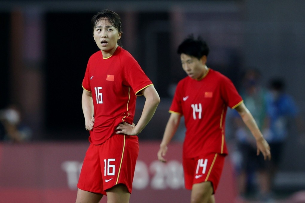 Wang Xiaoxue (No 16) and Liu Jing (No 14) of China look dejected after the Steel Roses lose their opening Tokyo 2020 women’s football match 5-0 to Brazil. Photo: Reuters