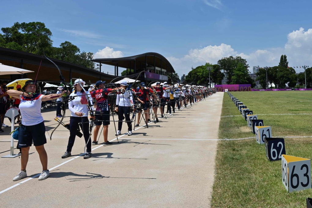 Archers compete in the women’s individual ranking round during the Tokyo 2020 Olympic Games at Yumenoshima Park Archery Field on Friday. Photo: AFP