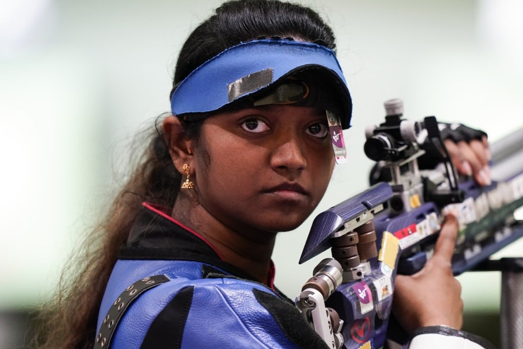 Elavenil Valarivan, of India, competes in the women’s 10m air rifle at the Asaka Shooting Range. Photo: AP