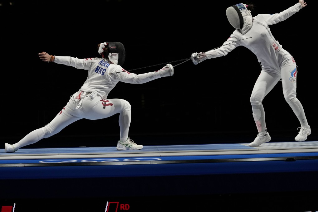 Hong Kong’s Kaylin Hsieh (left) was eliminated in the first round of the individual épée by Aizanat Murtazaeva of the Russian Olympic Committee. Photo: AP