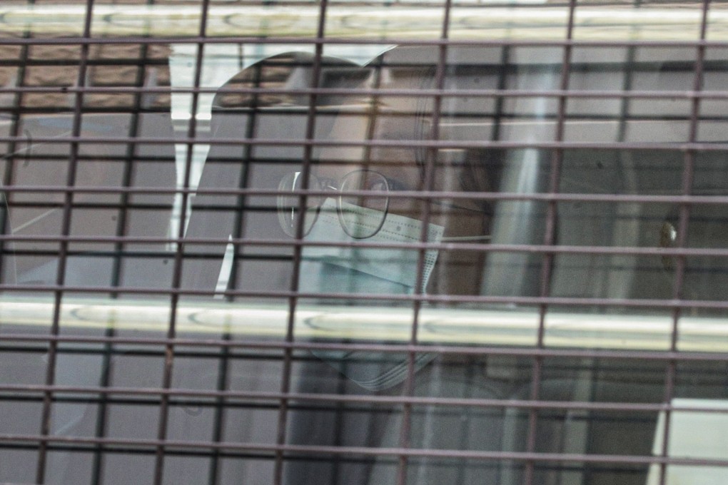 General Union of Hong Kong Speech Therapists chairwoman Lai Man-ling is seen in a police van outside West Kowloon Court. Photo: Handout