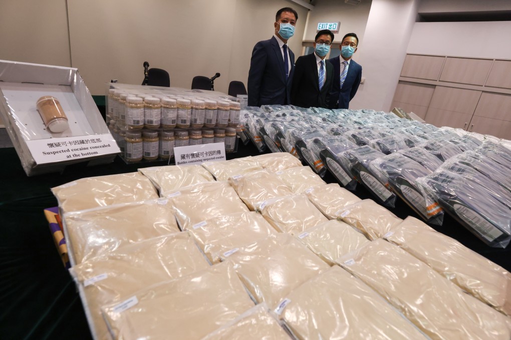 Customs officials on Sunday display drugs seized in three separate busts in recent weeks. Photo: Nora Tam