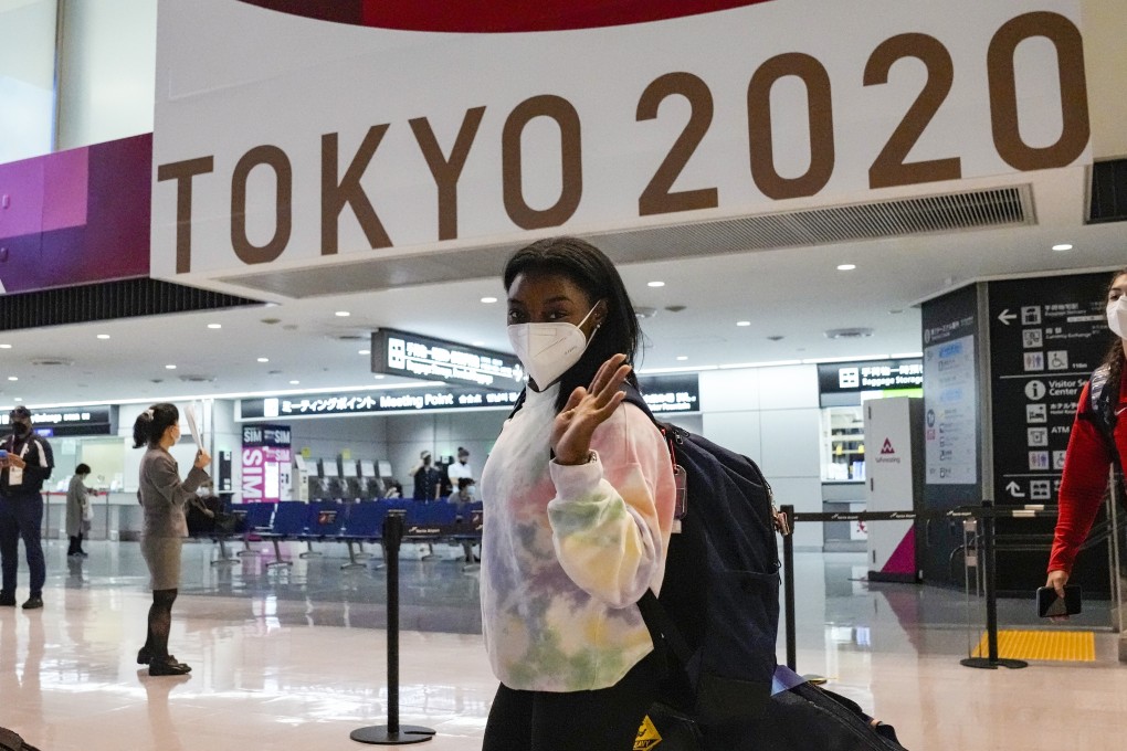 Simone Biles and the US women's gymnastics team arrive at Narita Airport for the Tokyo 2020 Olympic Games. Photo: AP