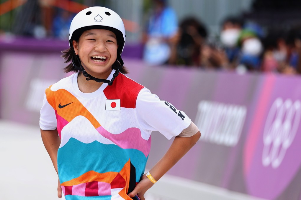 Momiji Nishiya of Japan reacts during the women’s street skateboarding event at the Tokyo 2020 Olympics. Photo: Reuters