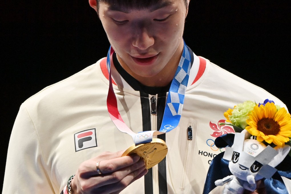 Tokyo 2020 Olympic Games men’s individual foil gold medallist Cheung Ka-long of Hong Kong at the medal and podium ceremony at the Makuhari Messe Hall in Chiba City, Japan. Photo: AFP