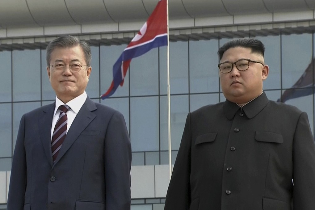 South Korean President Moon Jae-in and North Korean leader Kim Jong-un are seen together after talks in Pyongyang in September 2018. The two leaders have been communicating since April. Photo: File, AP