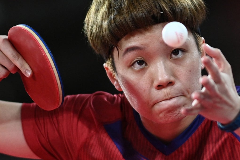Hong Kong's Doo Hoi-kem serves to South Korea's Shin Yu-bin during their women's singles round three table tennis match at the Tokyo Metropolitan Gymnasium during the Tokyo 2020 Olympic Games. Photo: AFP