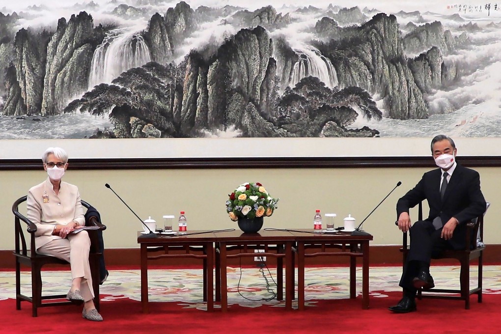 US deputy secretary of state Wendy Sherman and Chinese Foreign Minister Wang Yi hold talks in Tianjin on Monday. Photo: US Department of State via AP