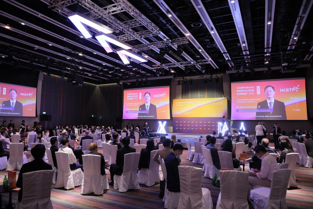 Alfred Sit, Hong Kong’s secretary for innovation and technology, gives an online speech to business leaders at the Corporate Innovation Summit, hosted by HKSTP.