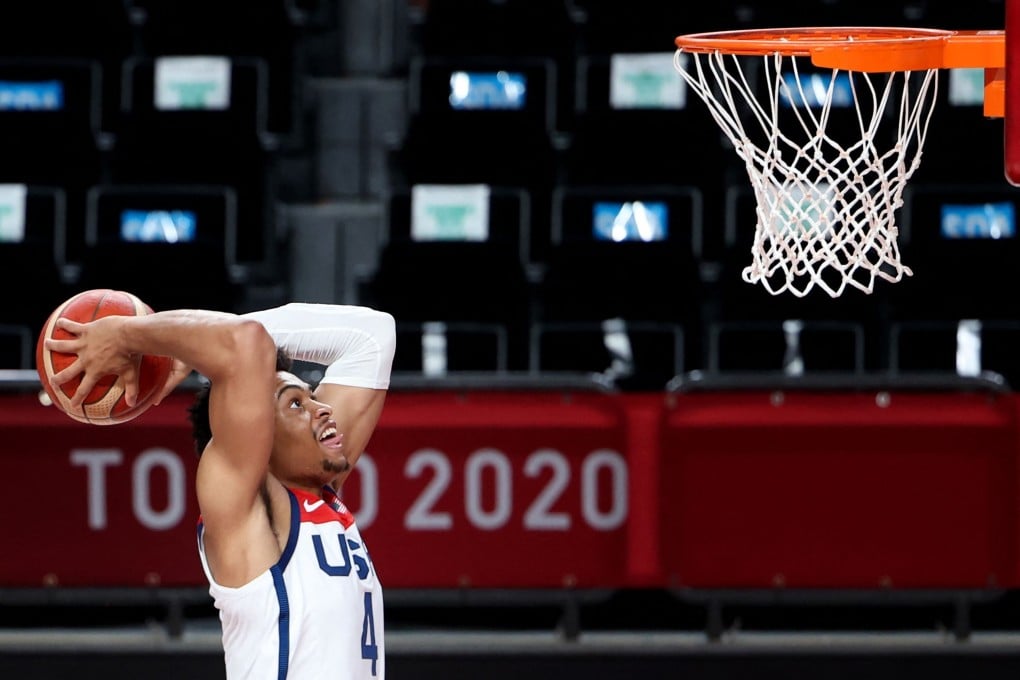 USA's Keldon Johnson goes for a dunk. Photo: AFP