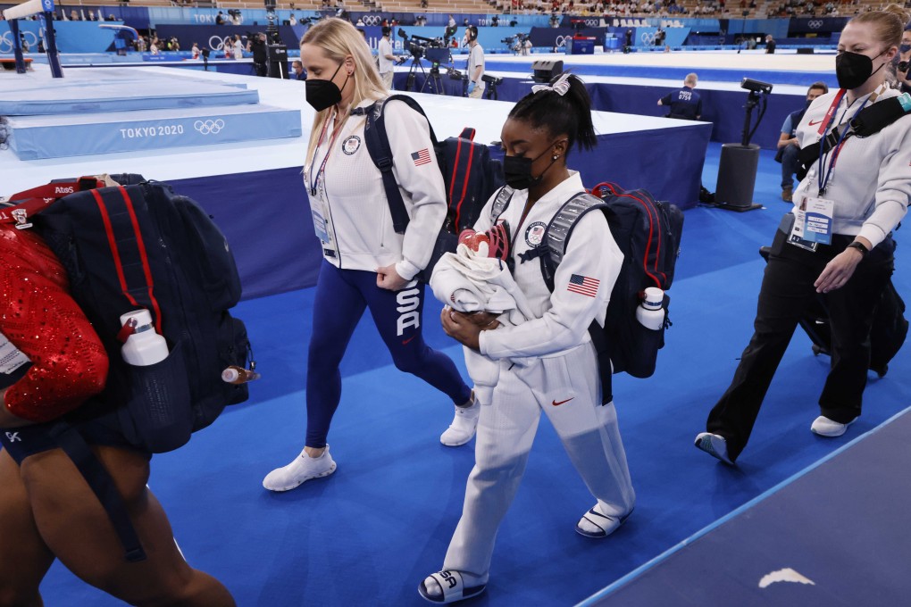 USA’s Simone Biles leaves the floor after the first rotation of the Women’s Team Artistic Gymnastics Final at the Ariake Gymnastics Centre. Photo: Paul Kuroda/Zuma Press Wire /dpa