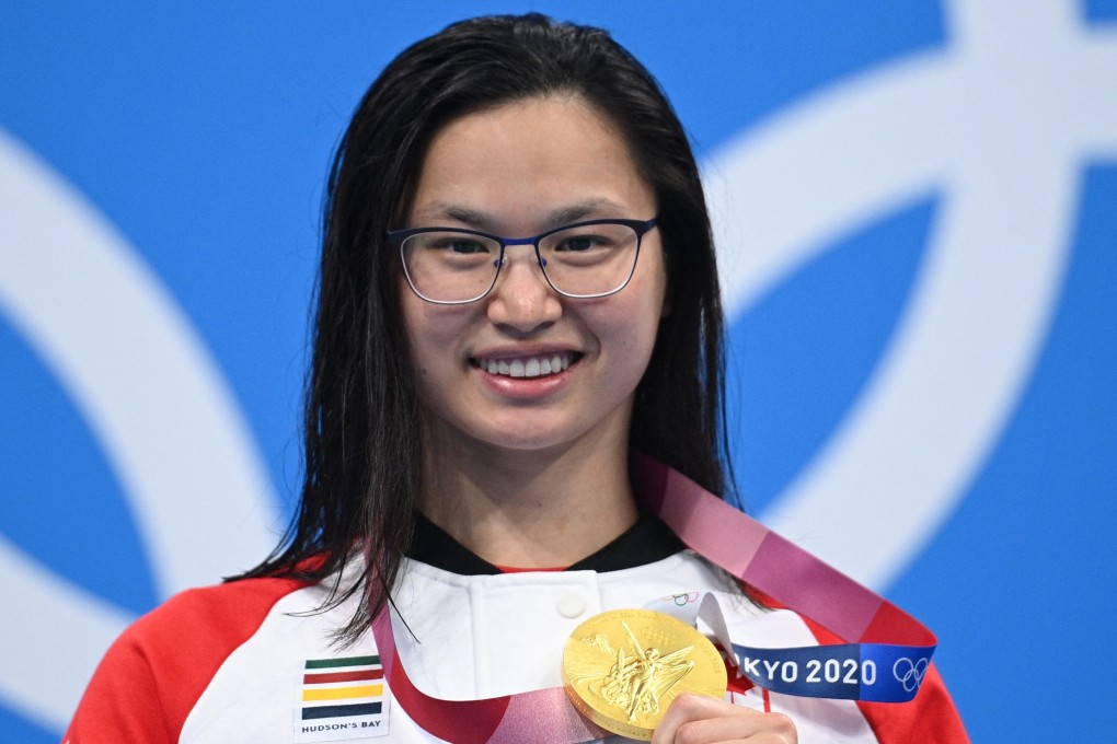 Tokyo Olympics gold medallist Margaret MacNeil, of Canada, after winning the women’s 100m butterfly at the Tokyo Aquatics Centre in Japan. Photo: AFP