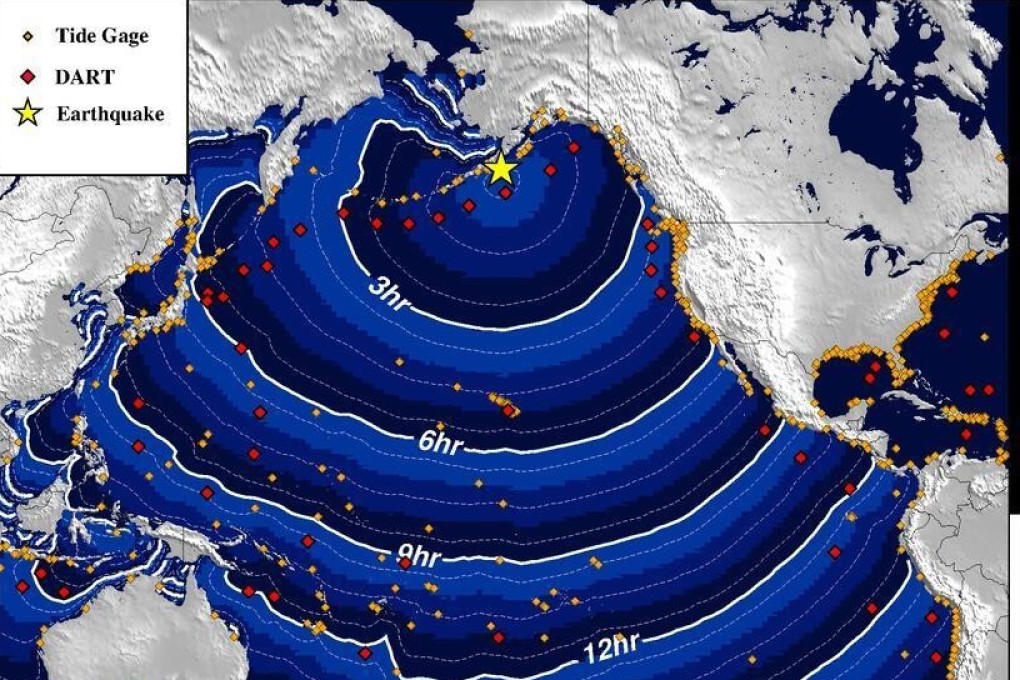 The US National Tsunami Warning Centre issued this ‘event picture’ after an 8.2 magnitude earthquake struck off the Alaska Peninsula. Photo: NWS Tsunami Alerts
