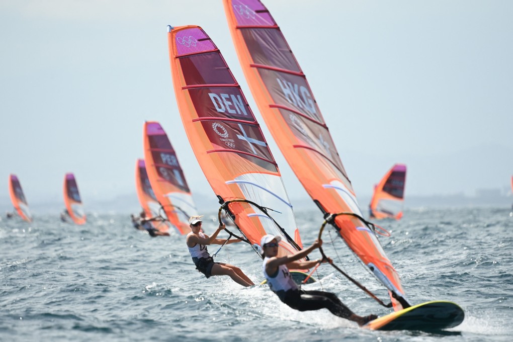 Hayley Chan Hei-man in the women’s RS:X race at the Enoshima harbour in Japan. Photo: AFP