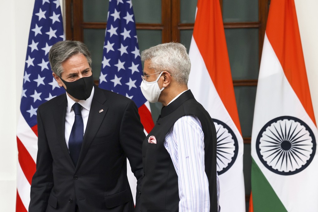 India’s foreign minister S. Jaishankar (right) welcomes US Secretary of State Antony Blinken at Hyderabad House in New Delhi, India. Photo: AP