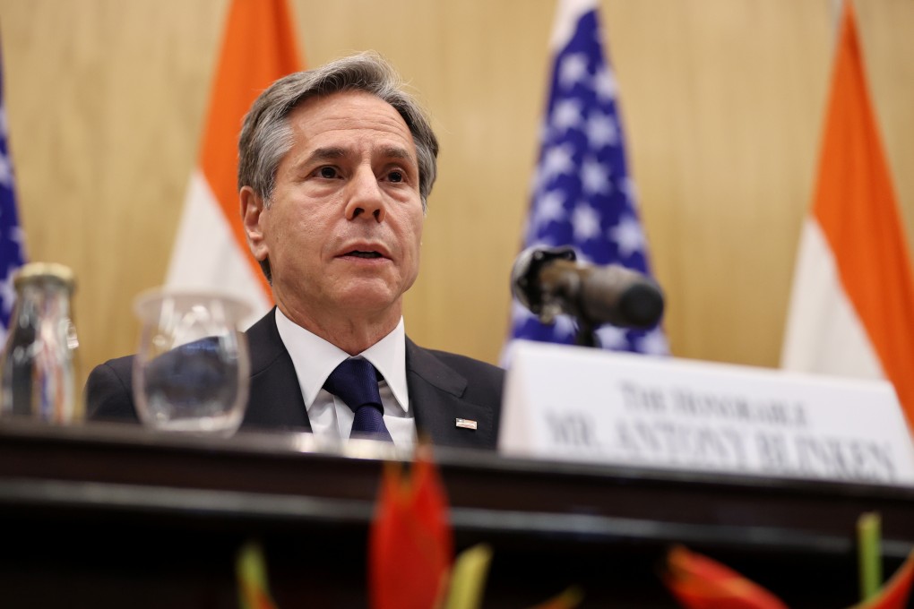 US Secretary of State Antony Blinken speaks at a news conference in New Delhi, India on Wednesday. Photo: Reuters