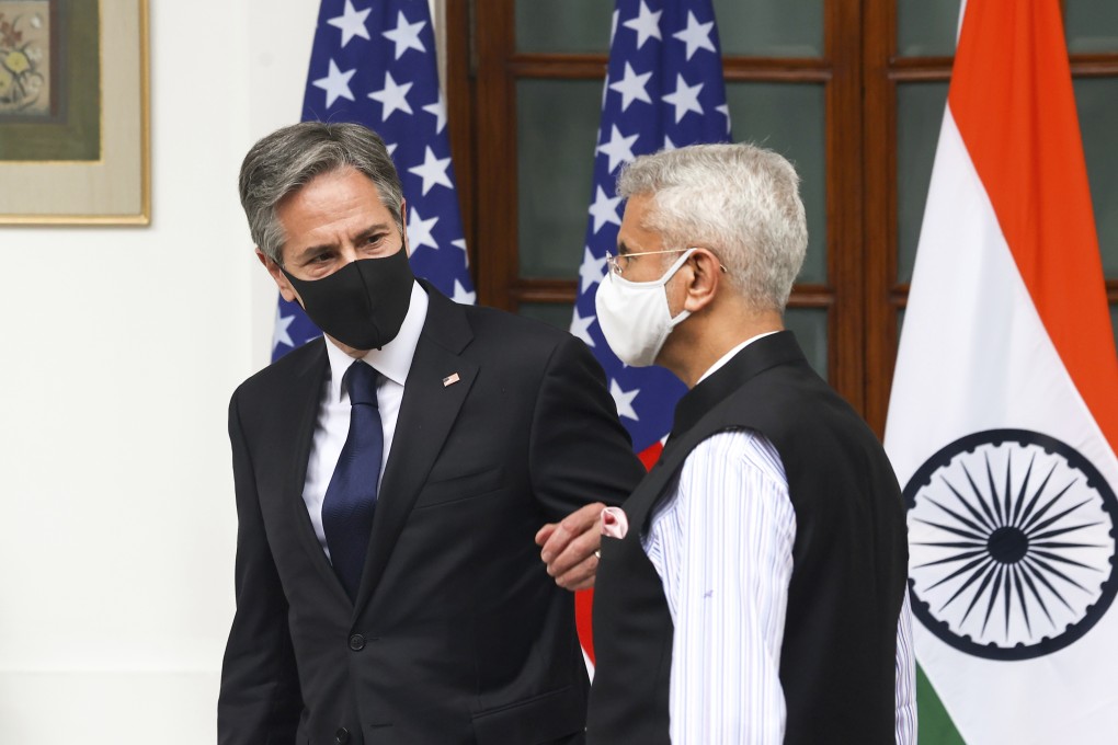 US Secretary of State Antony Blinken (left) is welcomed to New Delhi by Indian Foreign Minister Subrahmanyam Jaishankar on Wednesday. Photo: AP