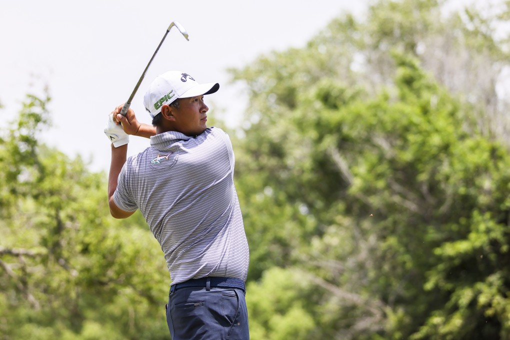 Carl Yuan of China plays his shot from the 17th tee during the third round of the Wichita Open at Crestview Country Club on June 19, 2021 in Wichita, Kansas. Photo: Getty Images